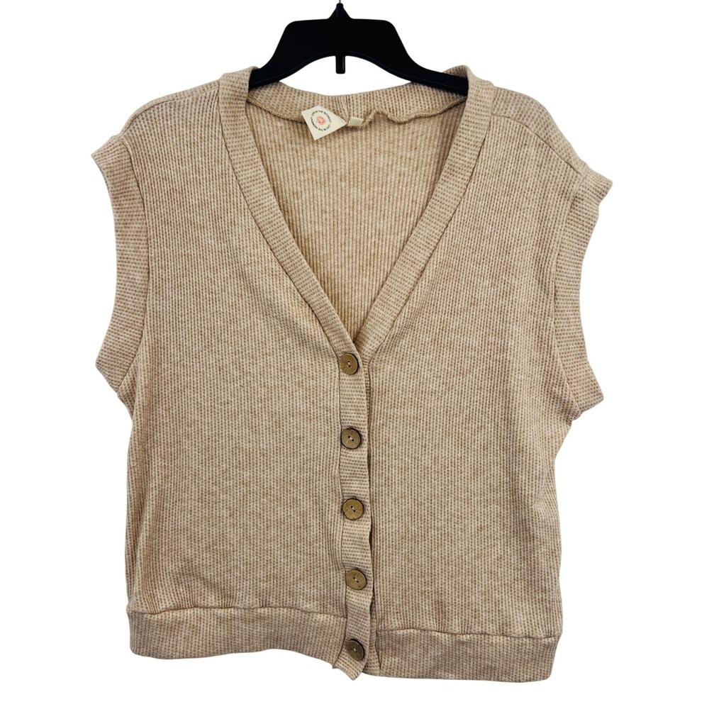 Live In The Moment Beige Waffle Knit Cardigan Vest Size M Earthy Boho Coastal